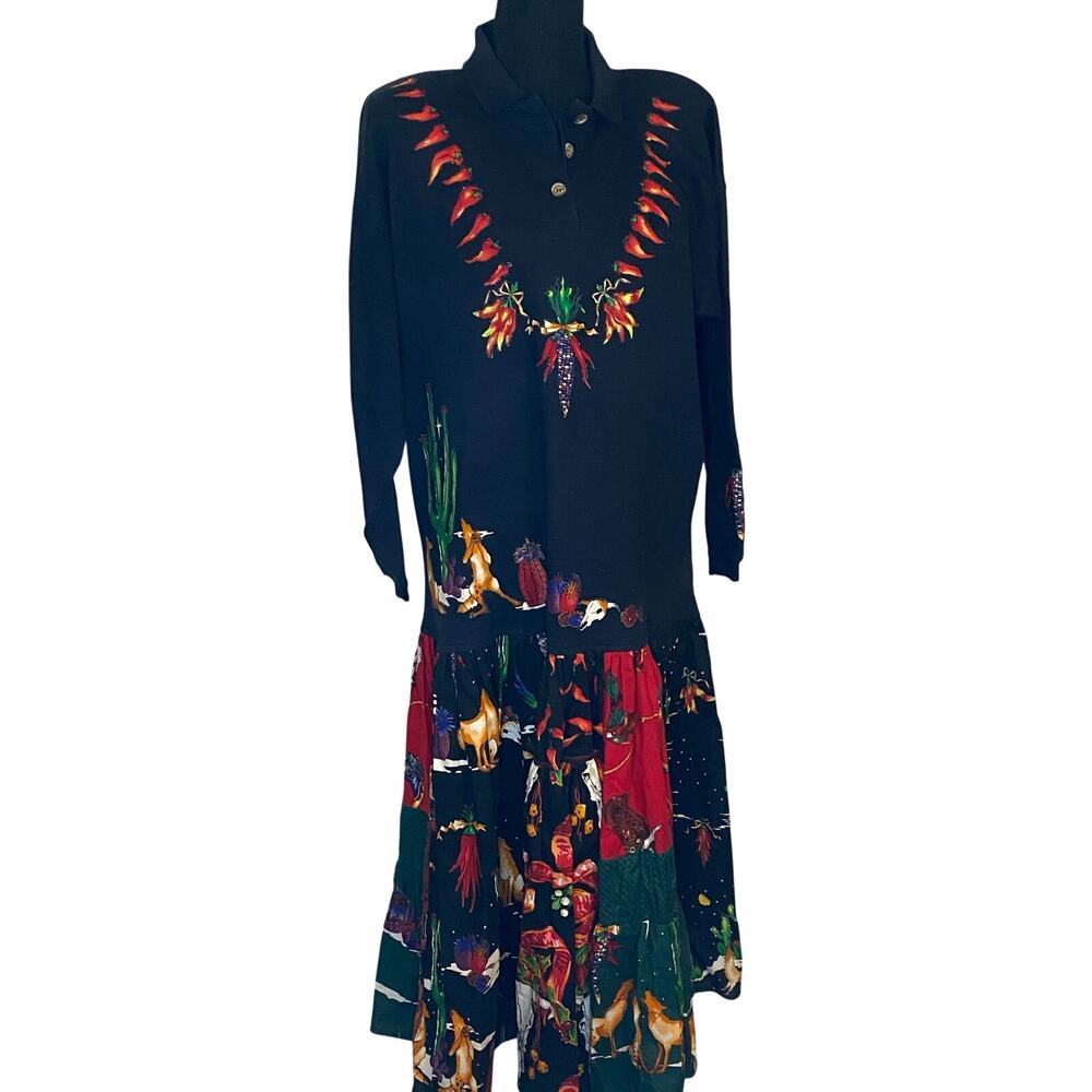 Vtg SW Art wear Handmade Dress Chili Peppers Drop waist multicolored panel Skirt